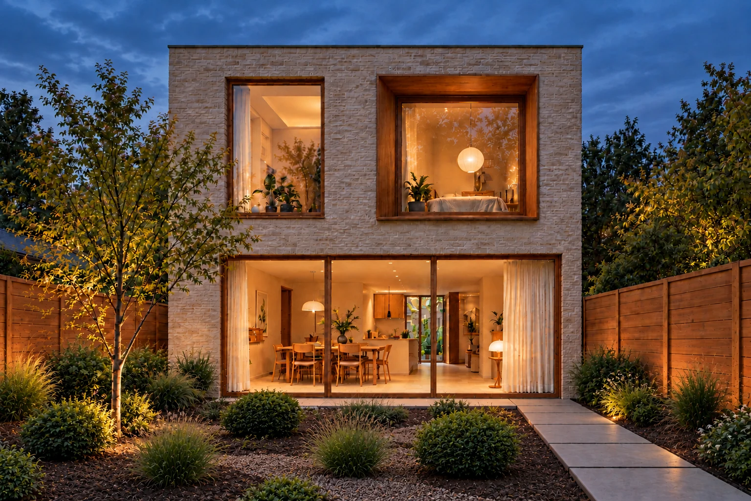Architectural concept: a restrained pale-brick garden suite with warm windows and planted garden at dusk